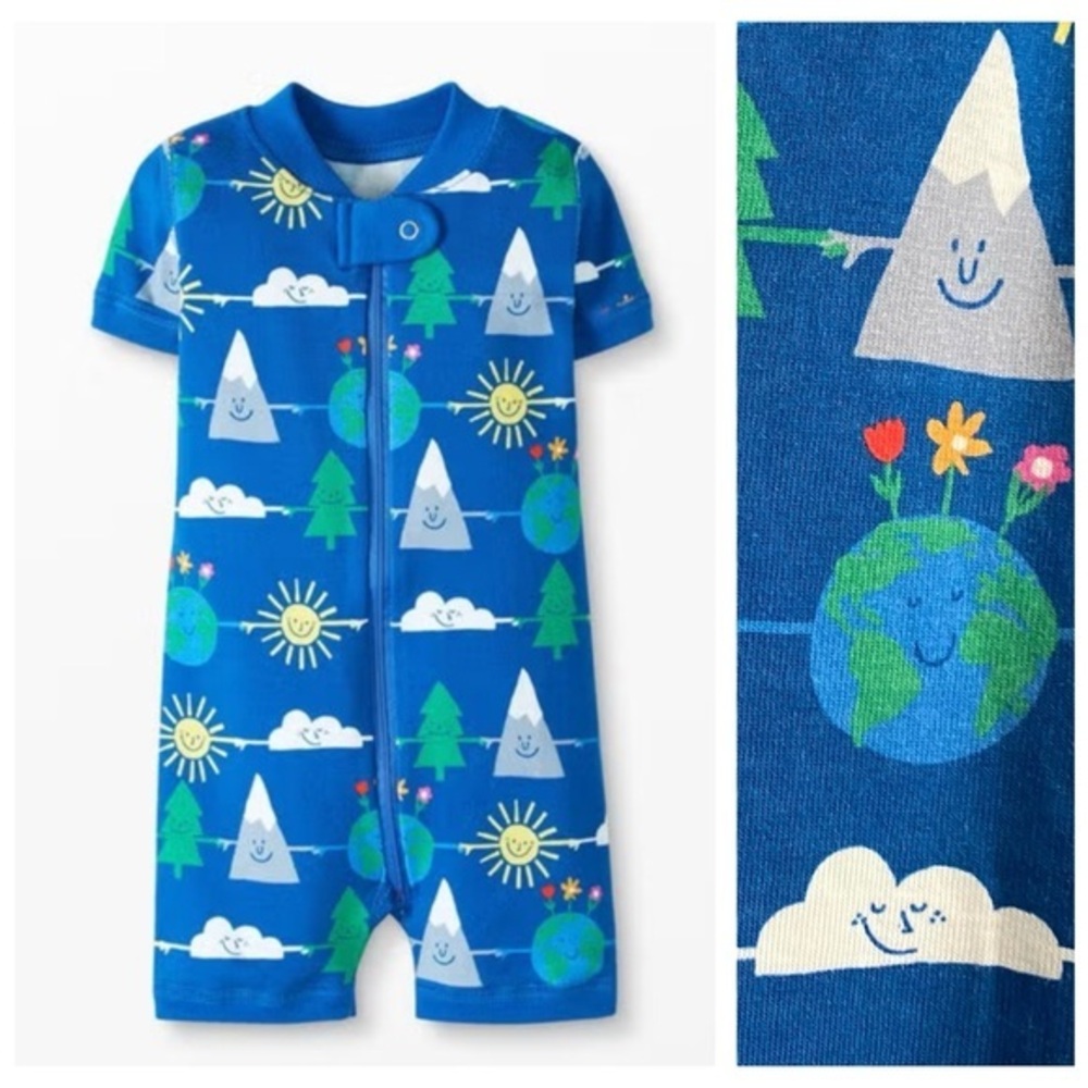 Hanna Andersson Blue Happy Planet Organic Cotton Shortie Sleeper 2t